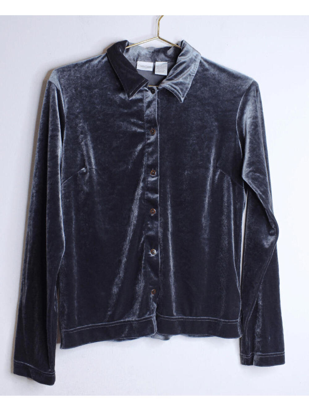 Blue Gray Velvet Button Down Long Sleeve Blouse - Small